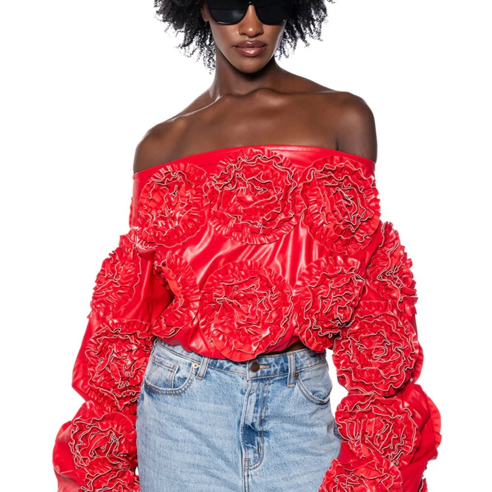 AKIRA EASY FAUX LEATHER OFF THE SHOULDER SWEATSHIRT TOP